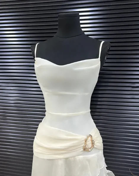 Elegant A Line Spaghetti Straps Ivory Chiffon Tea Length Prom Dress DP1467