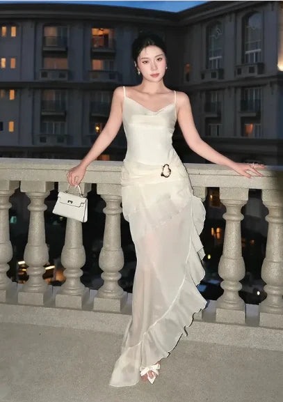 Elegant A Line Spaghetti Straps Ivory Chiffon Tea Length Prom Dress DP1467