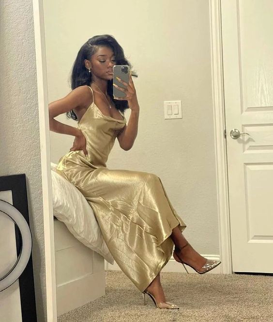 Sexy Sheath Spaghetti Strap Golden Satin Long Prom Dress Evening Dress DP1661