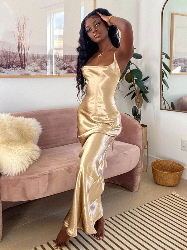 Sexy Sheath Spaghetti Strap Golden Satin Long Prom Dress Evening Dress DP1661