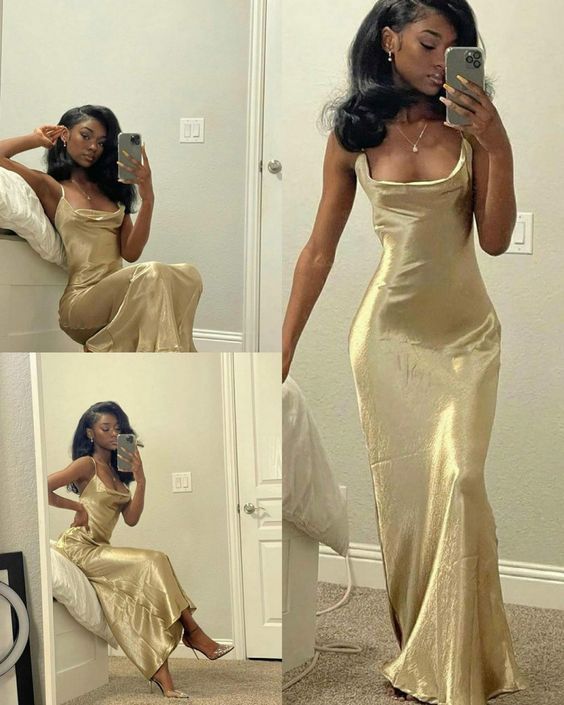 Sexy Sheath Spaghetti Strap Golden Satin Long Prom Dress Evening Dress DP1661