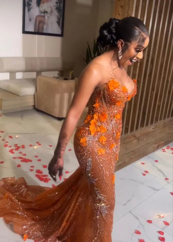 Gorgeous Mermaid Sweetheart Neck Beaded Orange Tulle Prom Dress Evening Dress DP1663