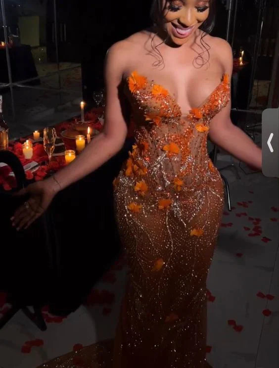 Gorgeous Mermaid Sweetheart Neck Beaded Orange Tulle Prom Dress Evening Dress DP1663
