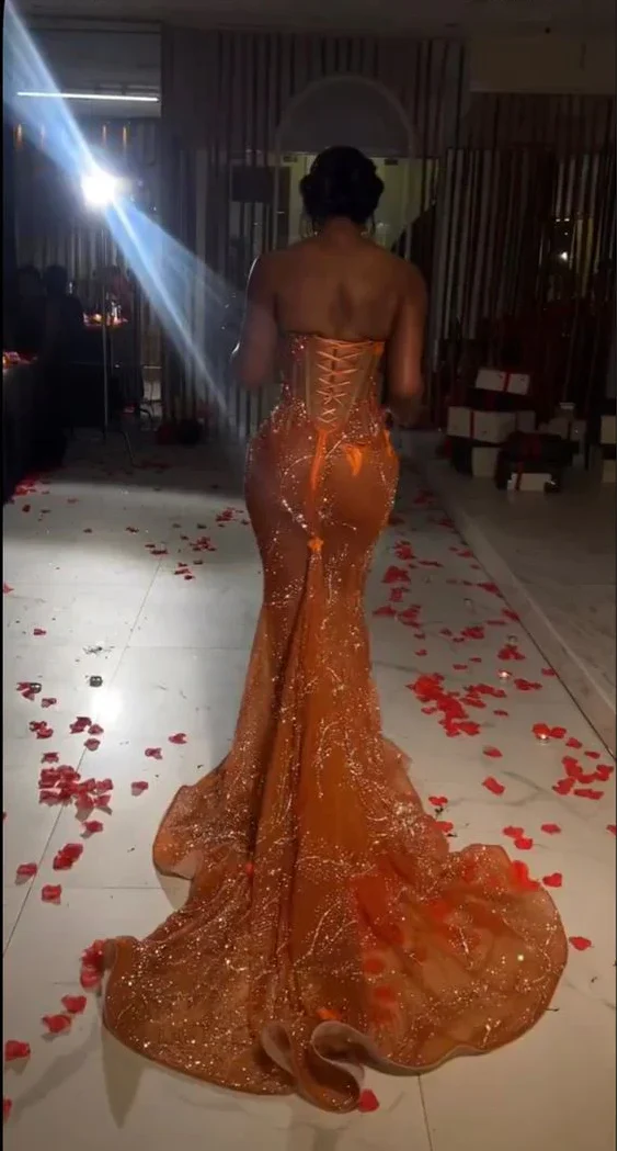 Gorgeous Mermaid Sweetheart Neck Beaded Orange Tulle Prom Dress Evening Dress DP1663