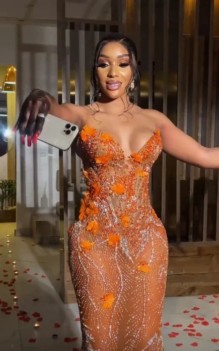 Gorgeous Mermaid Sweetheart Neck Beaded Orange Tulle Prom Dress Evening Dress DP1663
