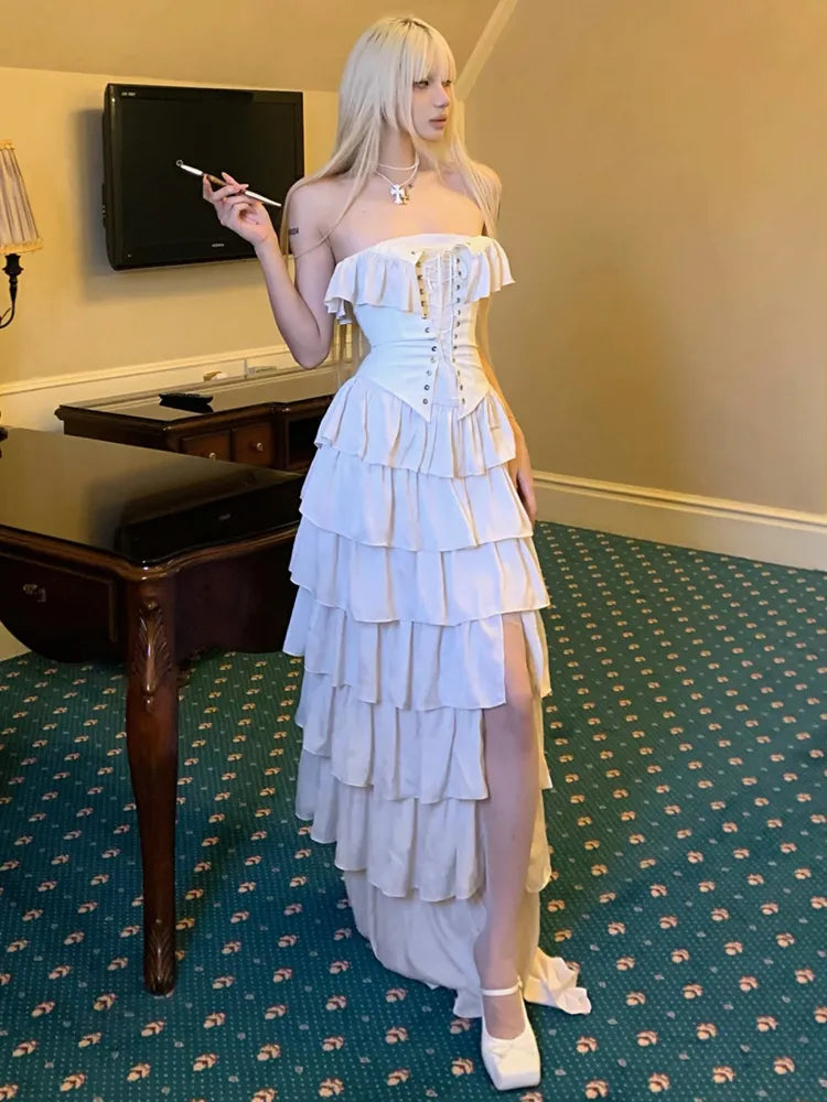 Sexy Sheath Strapless Ivory Chiffon Satin Long Prom Dress Evening Dress DP1731
