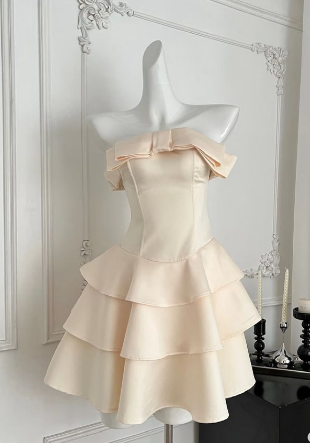 Cute A Line Off the Shoulder Bow Layered Light Champagne Satin Short Homecoming Dress Cocktail Dress DP2543