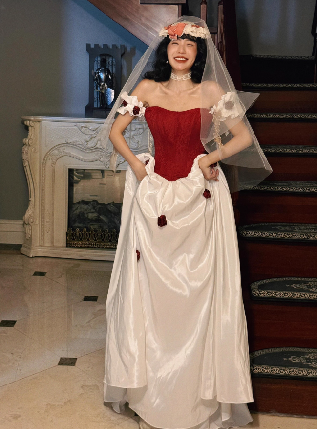Classic Ball Gown Off the Shoulder Red Floral White Satin Prom Dress 16th Birthday Dress DP3568