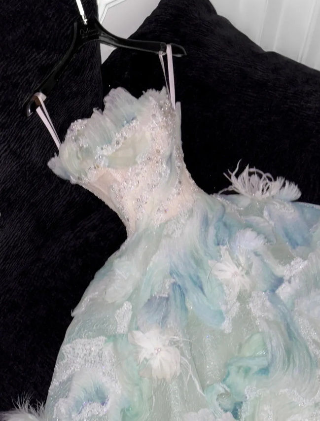 Romantic A Line Strapless Blue Appliques Tulle Prom Dress Evening Dress DP2779