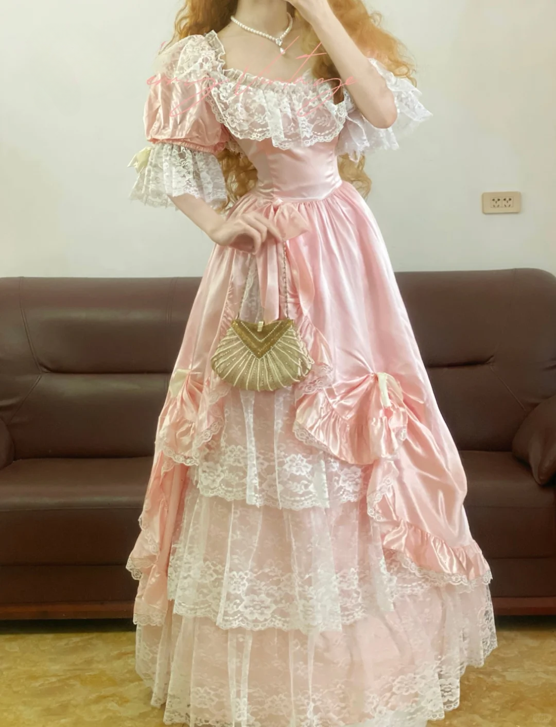 Vintage Ball Gown Puff Pink Bow Satin White Lace Prom Dress 16th Birthday Dress DP4143