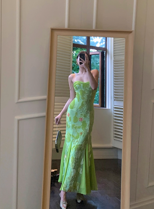 Stunning Green Mermaid Spaghetti Strap Print Floral Satin Chiffon Prom Dress Outfits DP3581