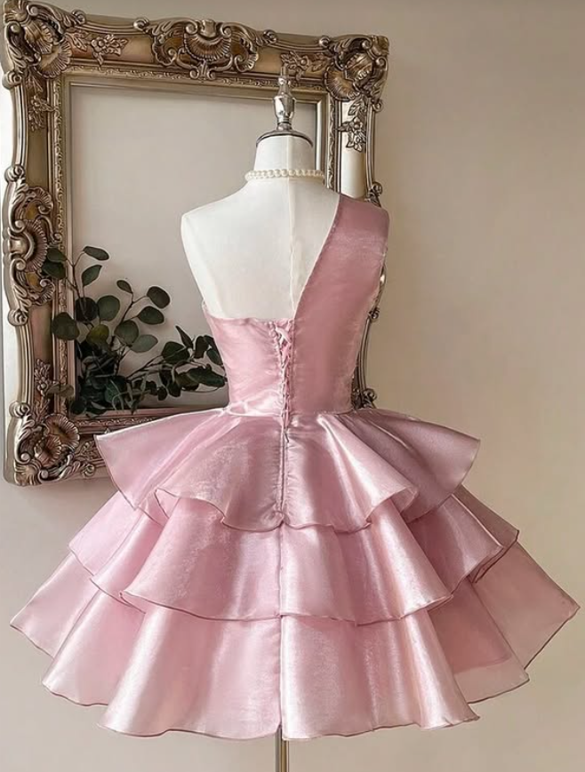 Pink A Line One Shoulder Layered Satin Short Homecoming Dresses DP4176