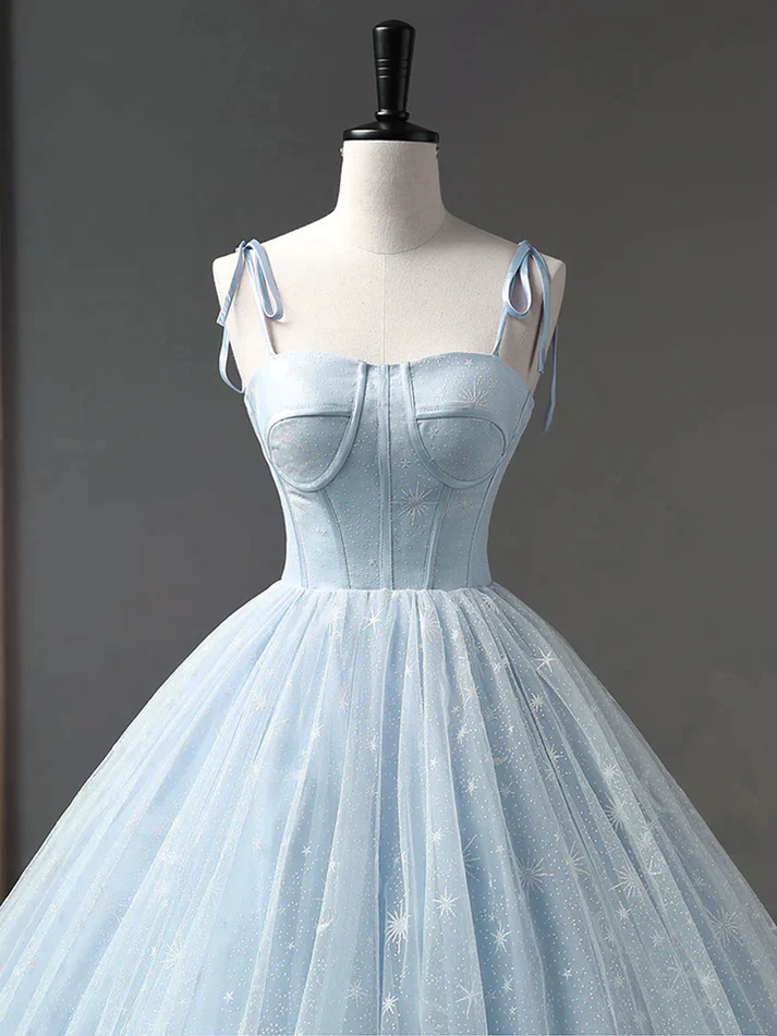 Star and Moon Fantasy Tulle A-Line Long Evening Dress, Sweet 16 Blue Prom Dress Quinceanera Dress DP008