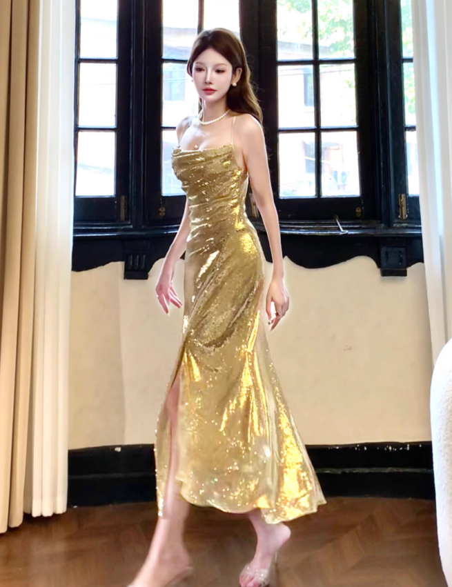 Shiny Golden Mermaid Spaghetti Strap Sequin Prom Dress 16th Birthday Dress with Slit DP3570