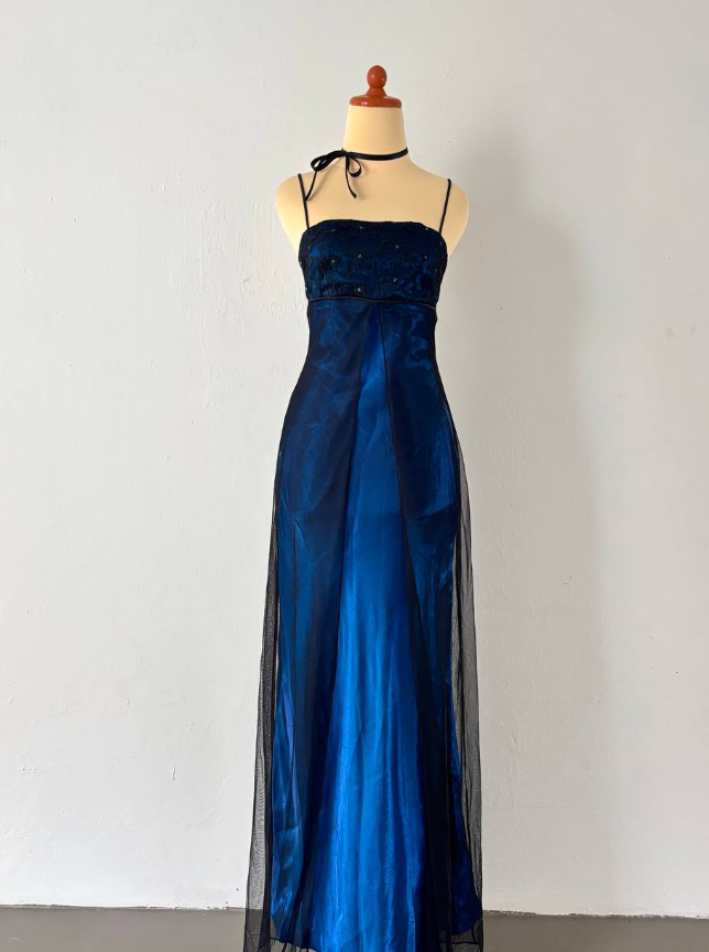 Elegant A Line Spaghetti Strap Appliques Black Tulle Blue Satin Prom Dress Evening Dress DP2235