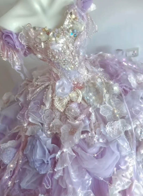 Lilac Ball Gown Off the Shoulder Floral Beaded Tulle Prom Dress 18th Birthday Dress DP4149