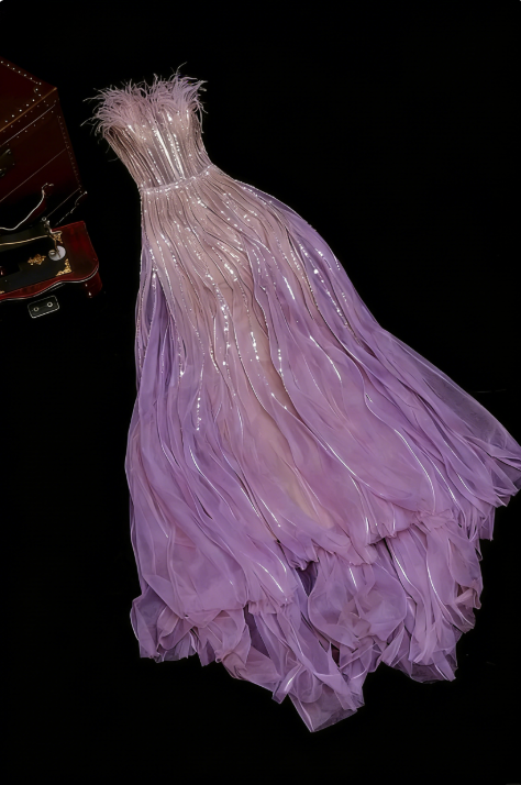 Pink A Line Strapless Sequin Feather Tulle Long Prom Dress Evening Dress DP2062