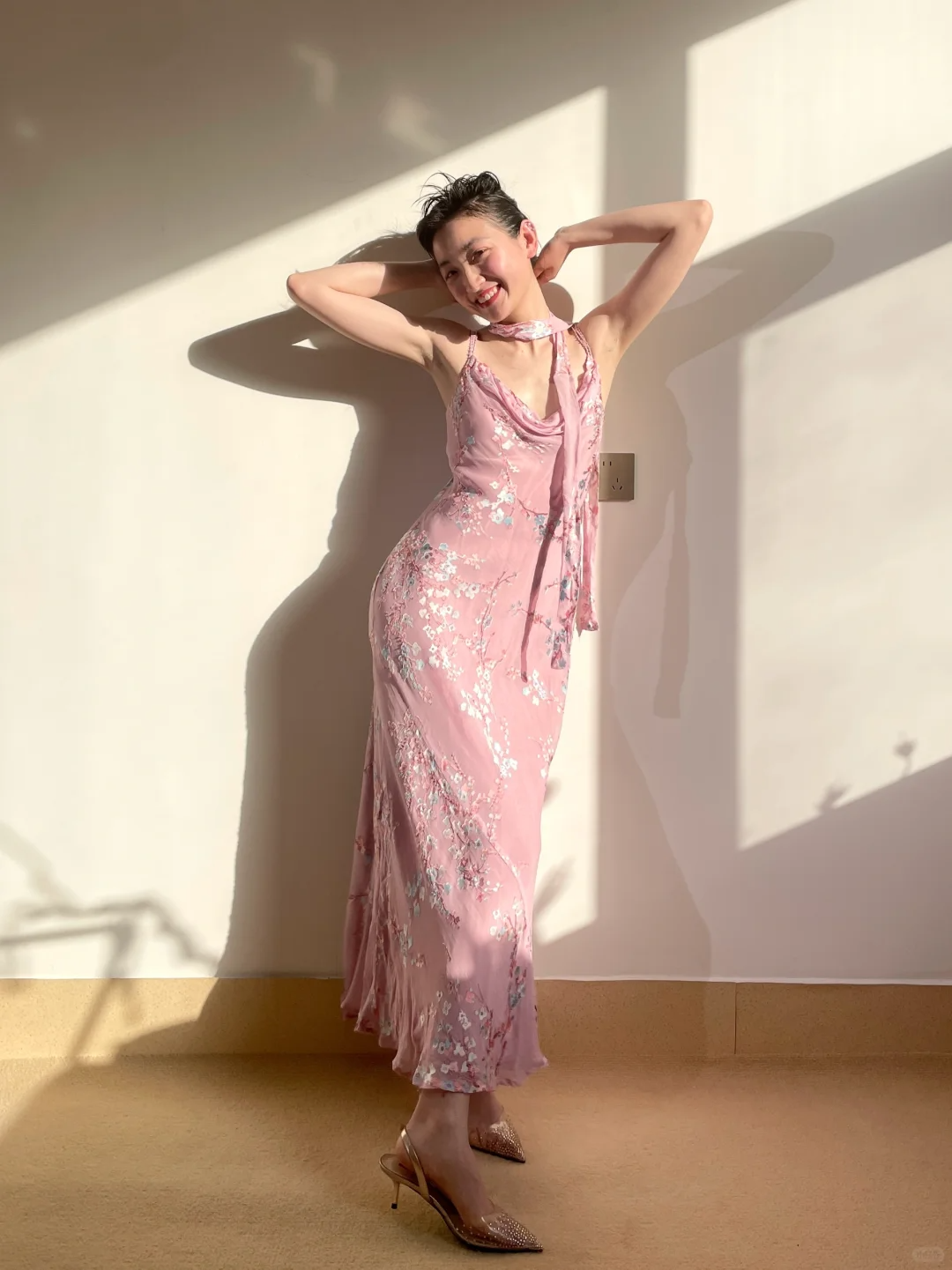 Vintage Gentle Mermaid Spaghetti Strap Print Floral Pink Chiffon Prom Dress Party Dress DP3709