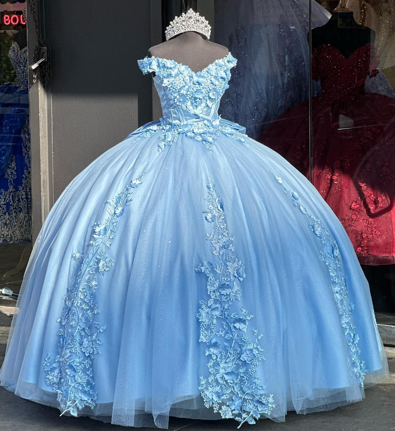 Blue Off the Shoulder Corset Appliques Tulle Ball Gown Sweet 16 Dress Quinceanera Dress DP1670