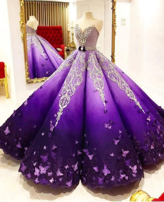 Stunning Ombre Purple Princess Quinceanera Dress Crystal Beads Butterfly Lace Appliques Ball Gown Prom Dress DP688
