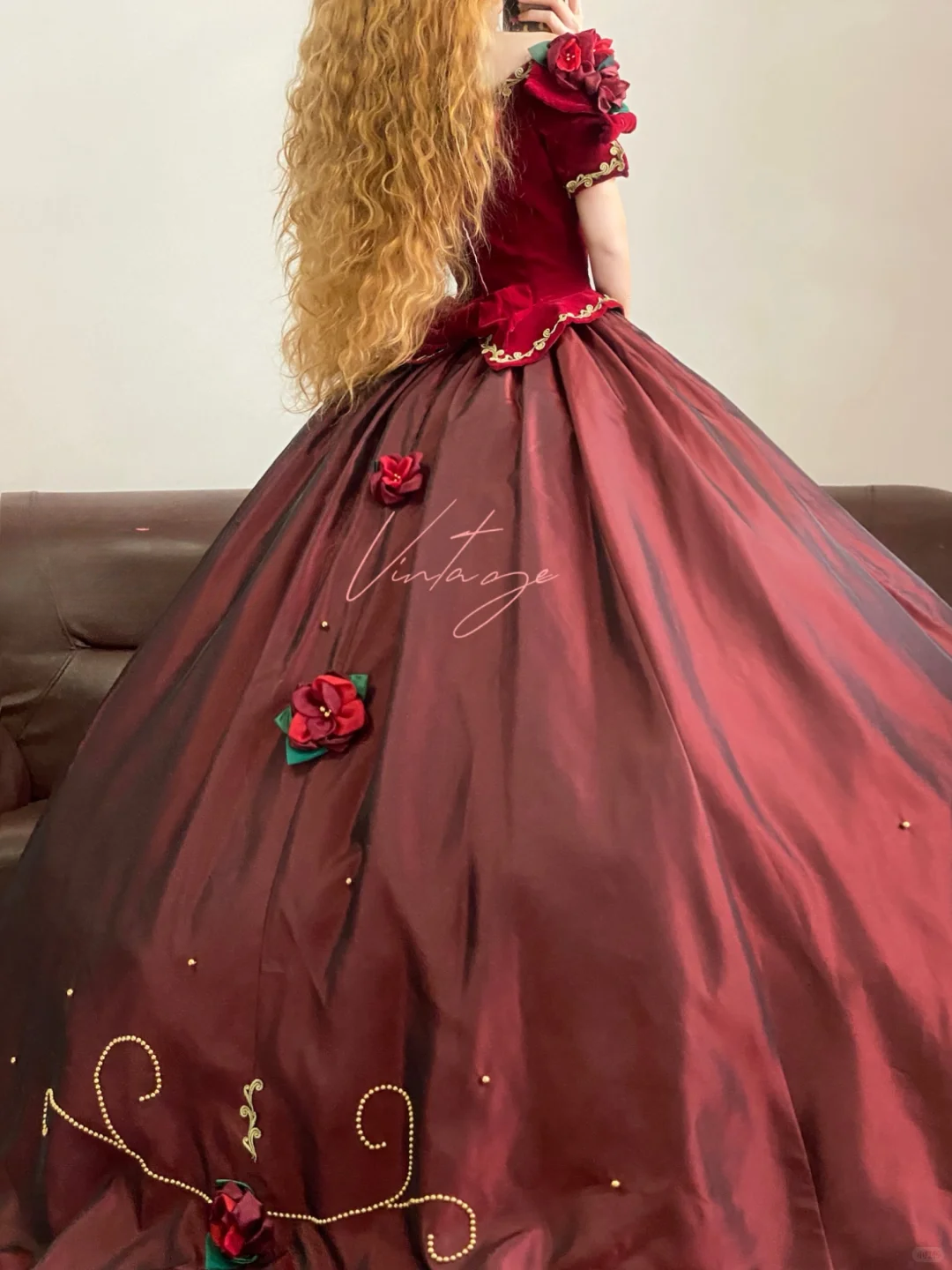 Vintage Ball Gown Floral Burgundy Satin Velvet Prom Dress 22 Birthday Dress DP4074