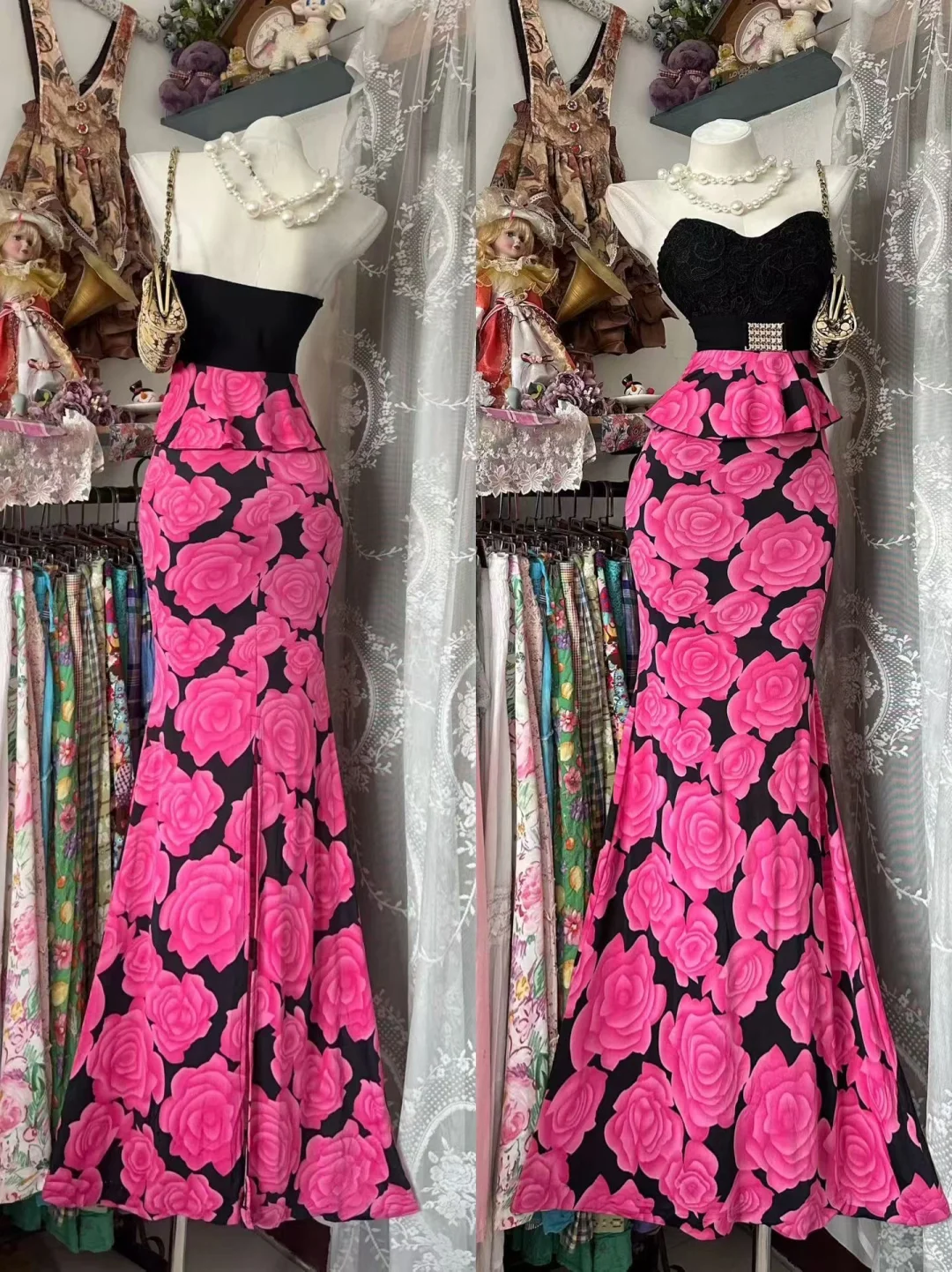 Vintage Mermaid Sweetheart Neck Pink Print Floral Satin Prom Dress Evening Party Dress DP5624