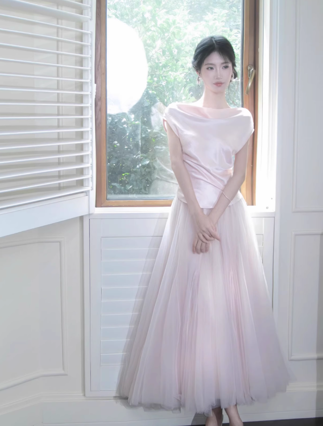 Gentle Light Pink Ball Gown Tulle Satin Prom Dress 16th Birthday Dress DP3569