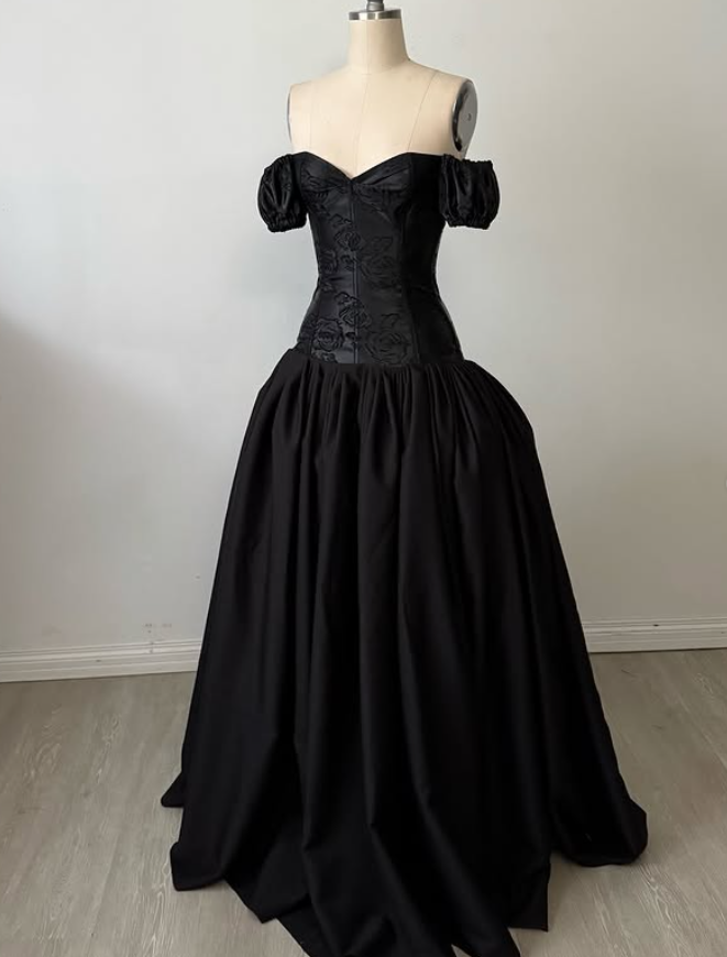 Black A Line Off the Shoulder Print Floral Satin Prom Dress Evening Dress DP3992