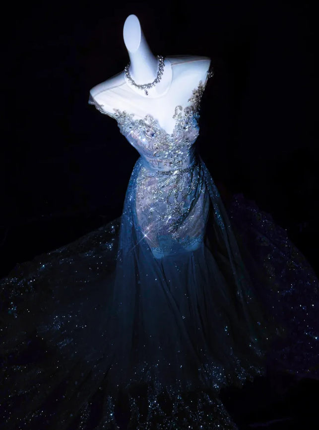 Dreamy Mermaid V Neck Blue Beaded Tulle Long Prom Dress Evening Dress DP2732