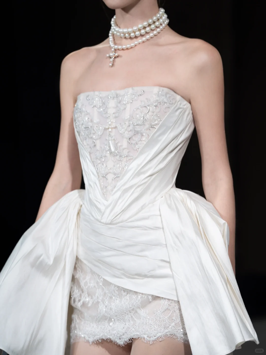 Princess A Line Strapless White Satin Lace Mini Homecoming Dress Birthday Dress DP2622