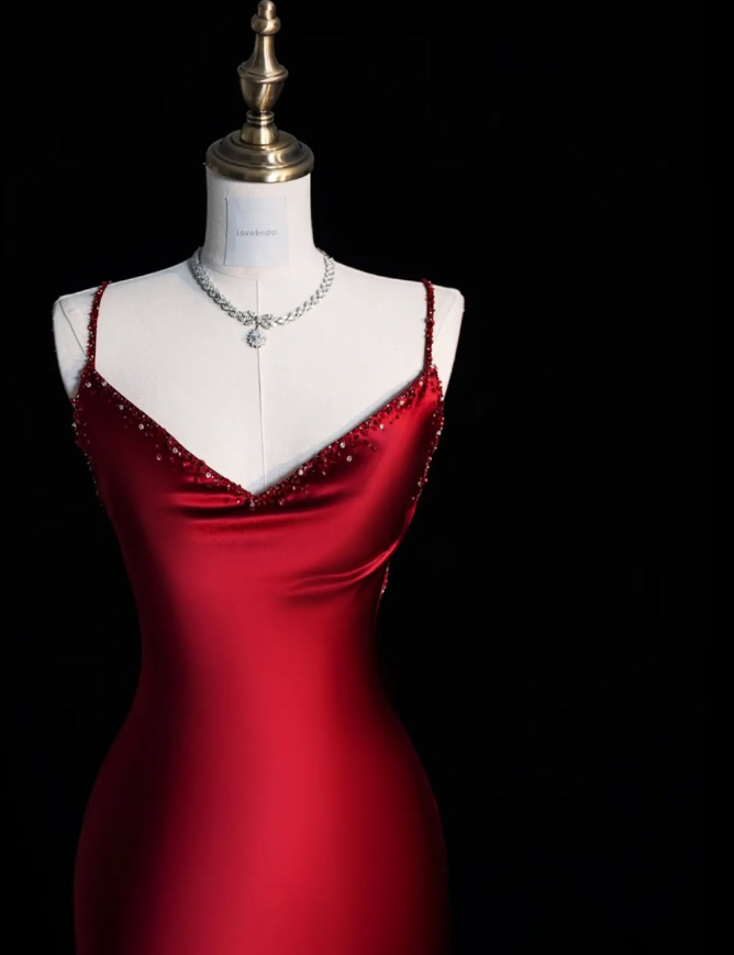 Elegant Mermaid Spaghetti Strap Beaded Red Satin Prom Dress Graduation Prom Dress DP2000