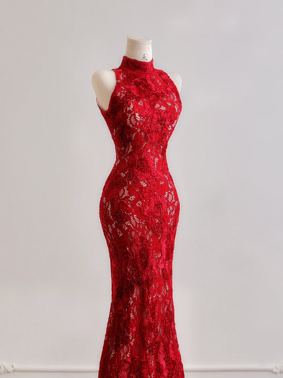 Red Mermaid High Neck Lace Long Prom Dresses DP4186