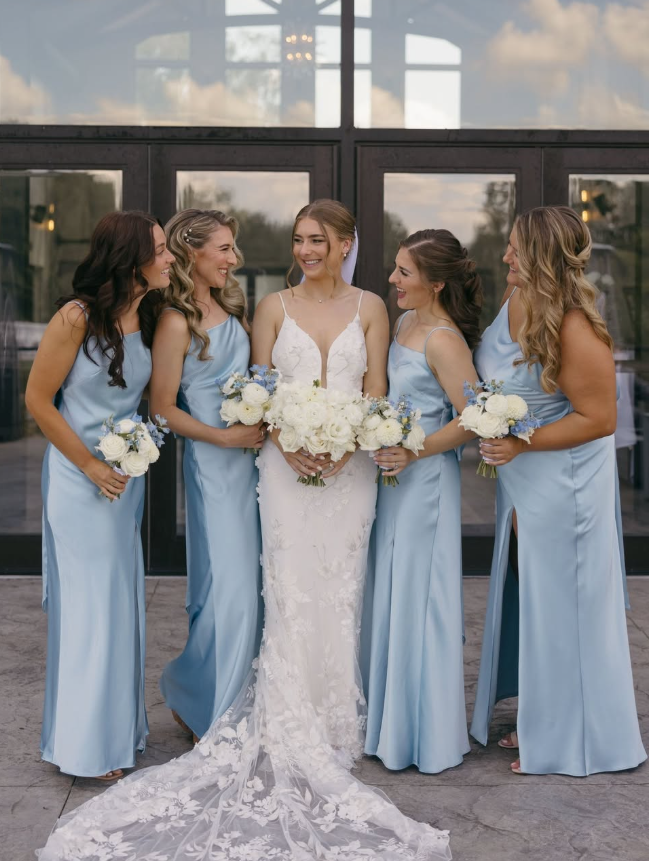 Cute Bow Blue A Line Straps Satin Bridesmaid Dress Prom Dress with Slit DP4979
