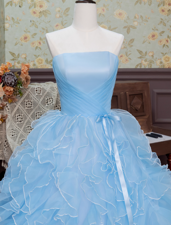 Blue Ball Gown Strapless Ruffle Layered Organza Prom Dress 16th Birthday Dress DP3564