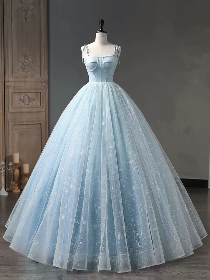 Star and Moon Fantasy Tulle A-Line Long Evening Dress, Sweet 16 Blue Prom Dress Quinceanera Dress DP008