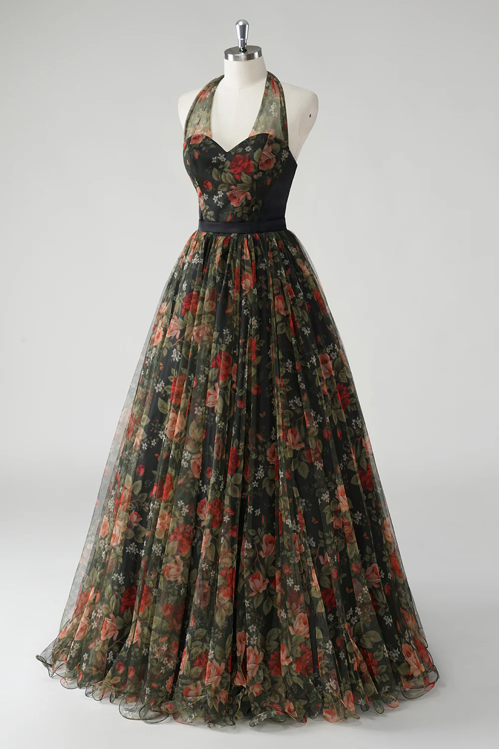Vintage A Line Halter Print Floral Chiffon Long Prom Dress Evening Dress DP1480