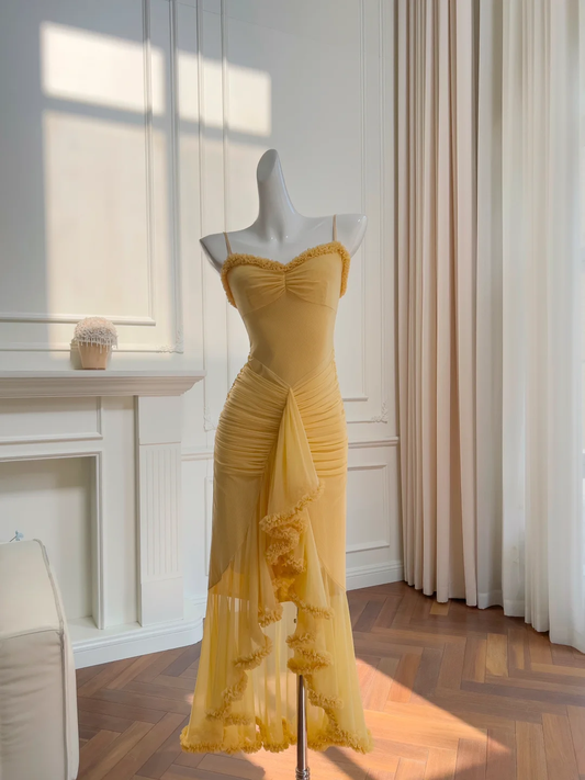 Sexy Mermaid Spaghetti Strap Yellow Tulle Long Party Dress Evening Dress DP2500