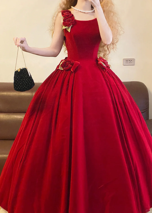 Red Ball Gown Straps Floral Velvet 16th Birthday Dress Party Dress Quinceanera Dress DP4093