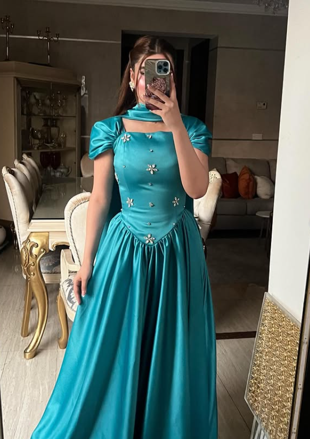 Elegant A Line Strap Rhinestone Blue Satin Long Prom Dress Party Dress DP4128