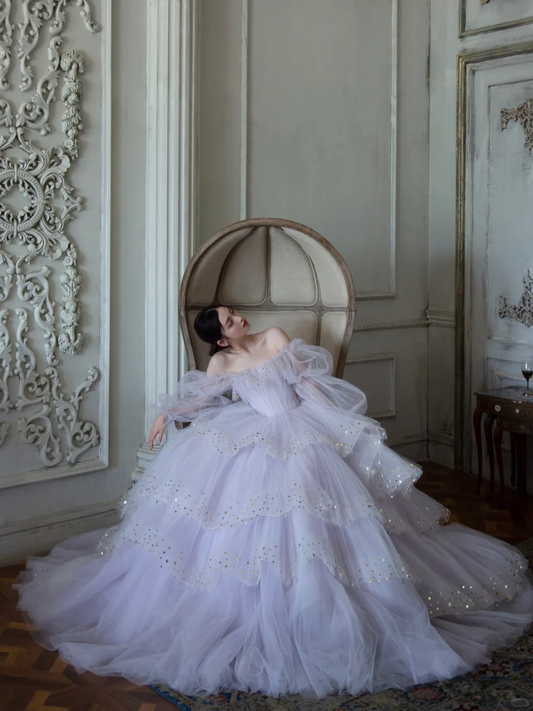 Purple A Line Long Sleeve Layered Sequin Tulle Long Party Dress Evening Dress DP2554