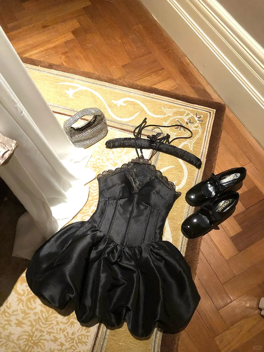 Cute A Line Halter Black Lace Satin Short Homecoming Dress Cocktail Dress DP2703