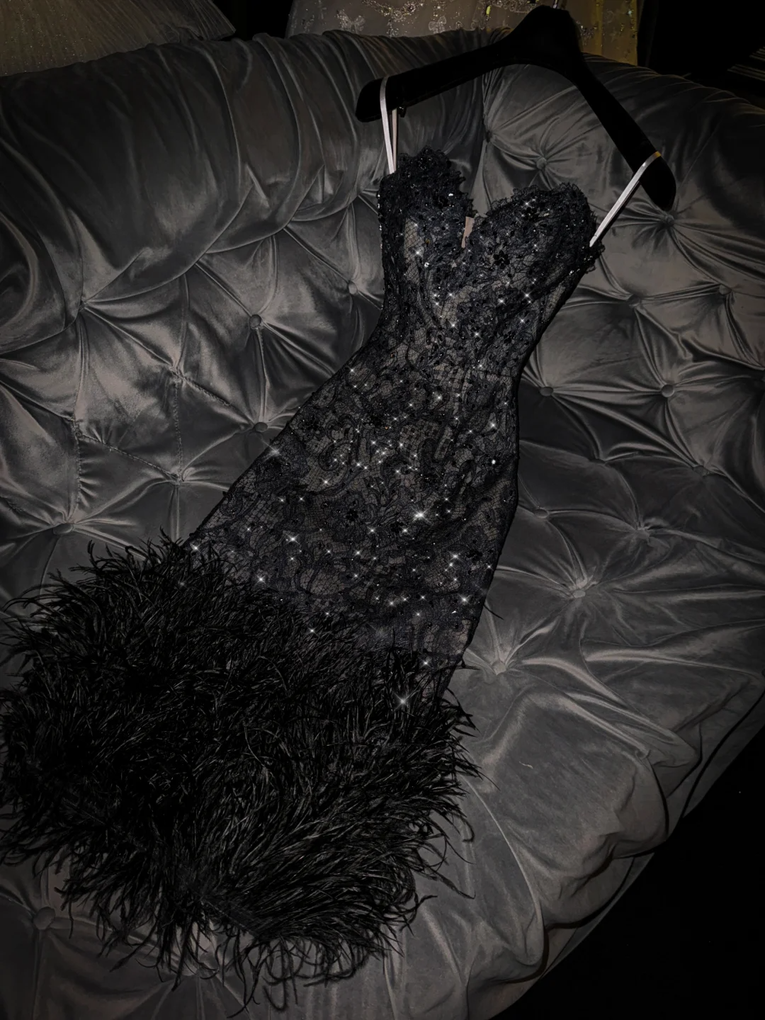 Sexy Sheath Sweetheart Neck Black Sequin Feather Lace Long Prom Dress Evening Dress DP2086