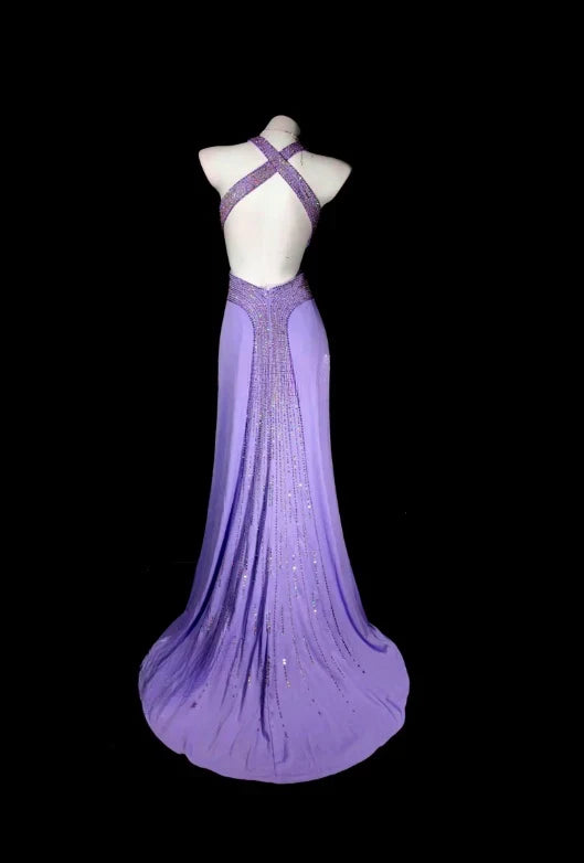 Elegant Purple A Line Halter Beaded Backless Satin Prom Dress Date Dress DP5092
