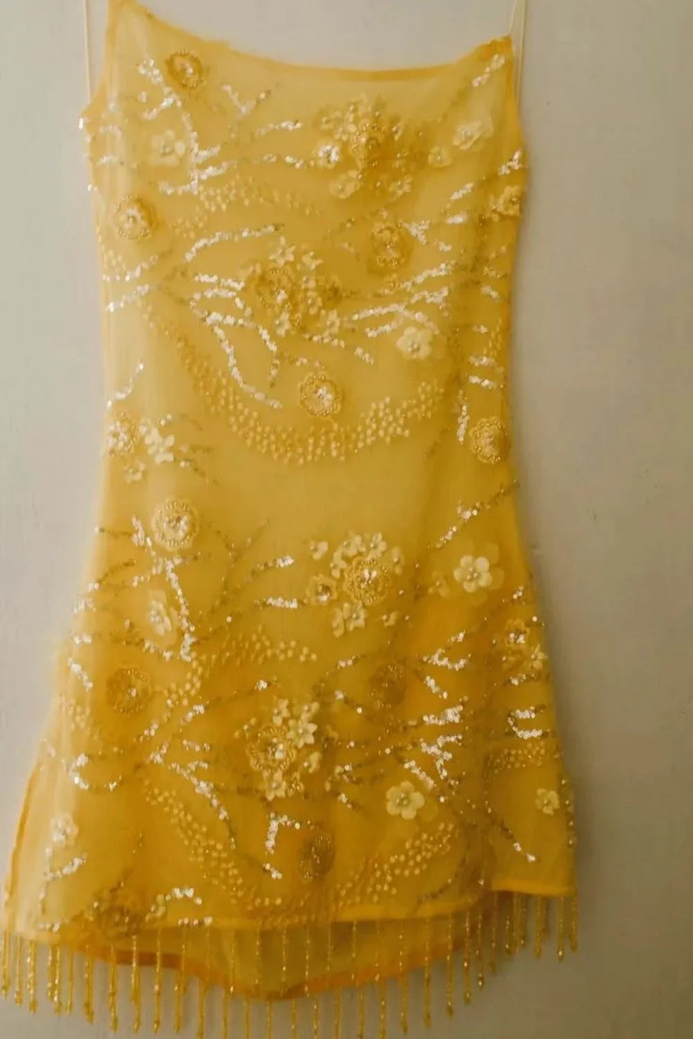 Glamorous Yellow Mini Homecoming Dress with Floral Beaded Embellishment and Fringe Trim Hem DP73345