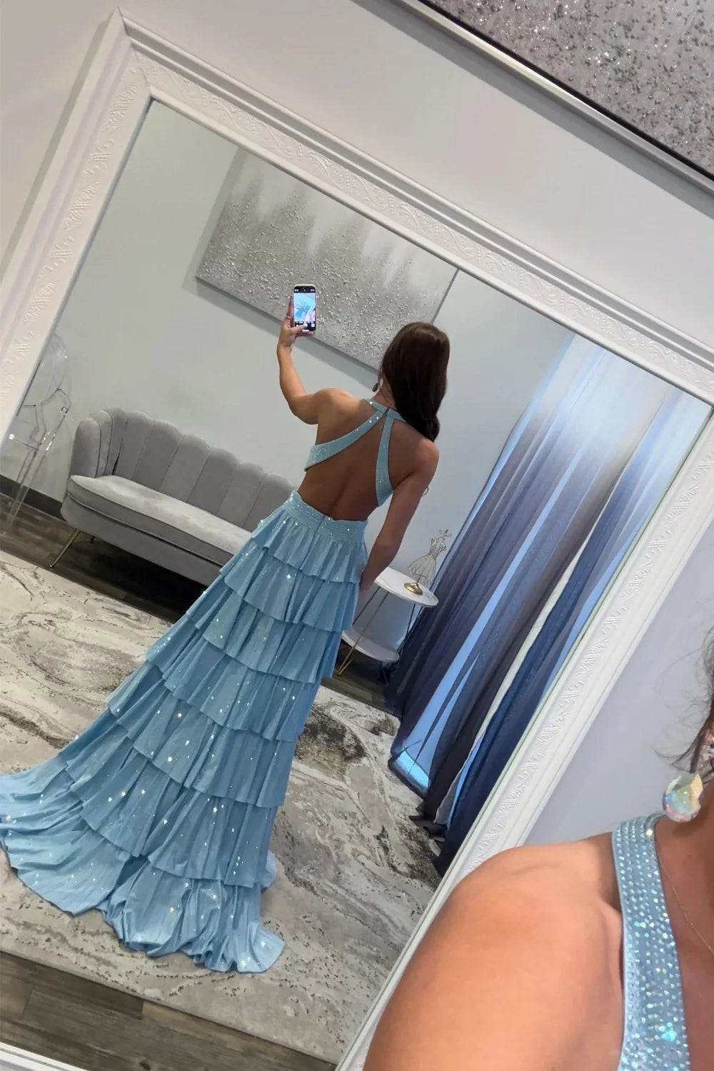 Sparkly A Line Halter Neck Long Tiered Blue Beaded Prom Dress with High Slit DP7432