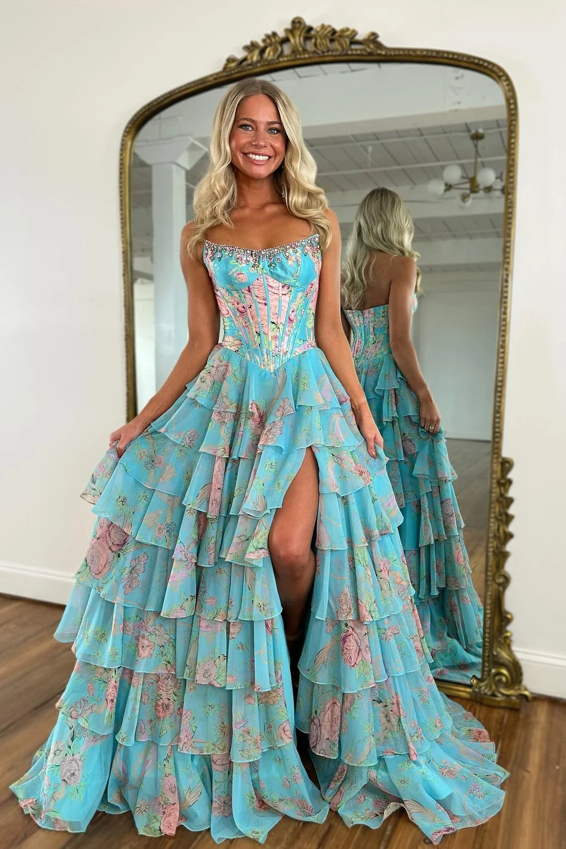 Gorgeous A Line Strapless Lake Blue Printed Corset Prom Dress with Beading Ruffles DP7591