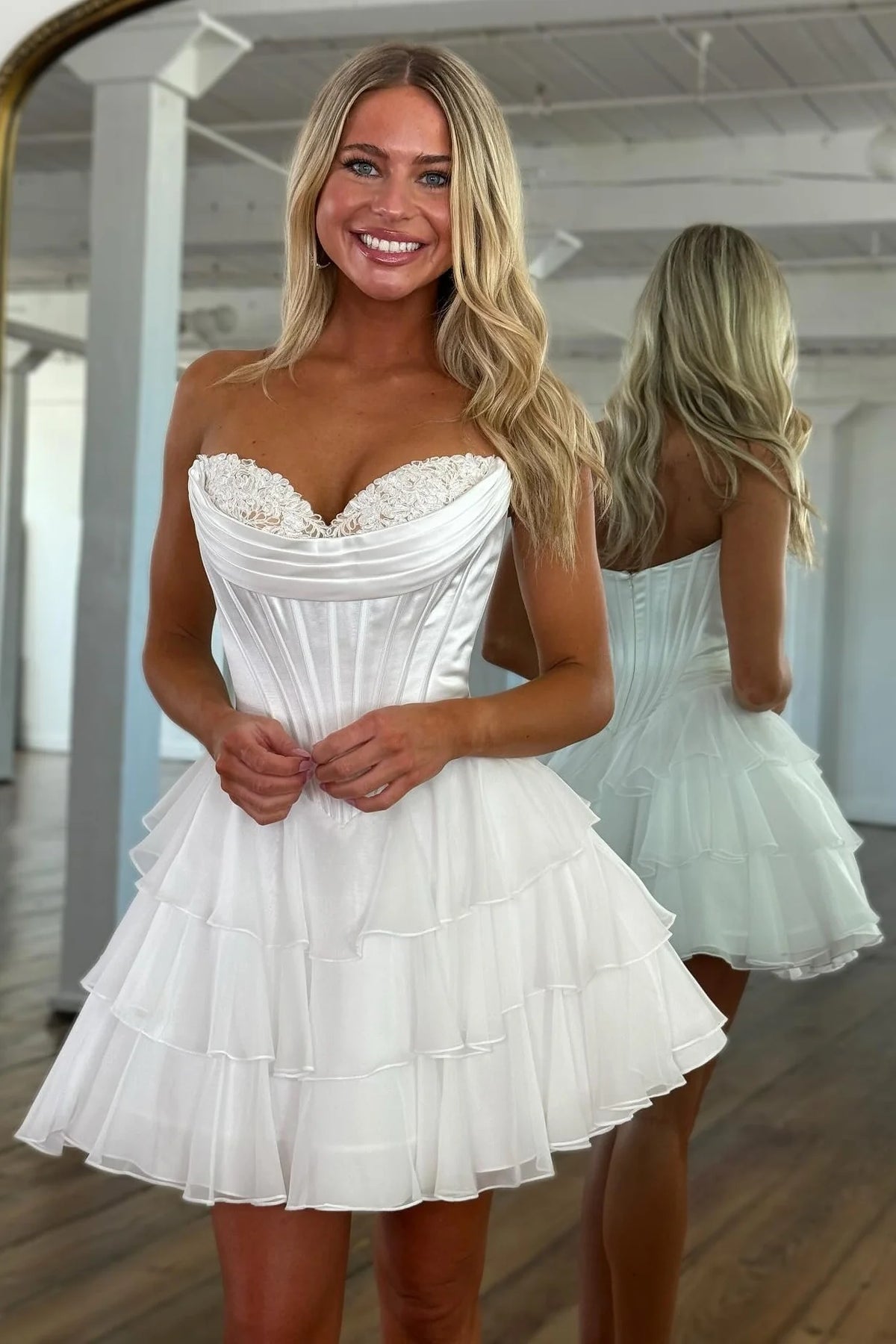 Gorgeous A Line Sweetheart White Corset Homecoming Dress with Appliques Ruffles DP7089