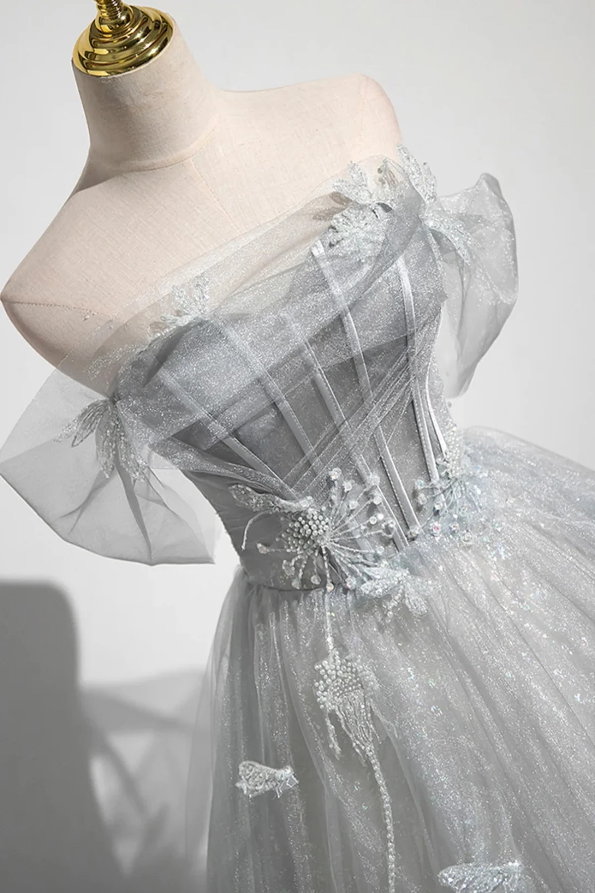 Gray Off Shoulder Pearl Beads Tulle Long Prom Dresses Evening Dresses DP1281