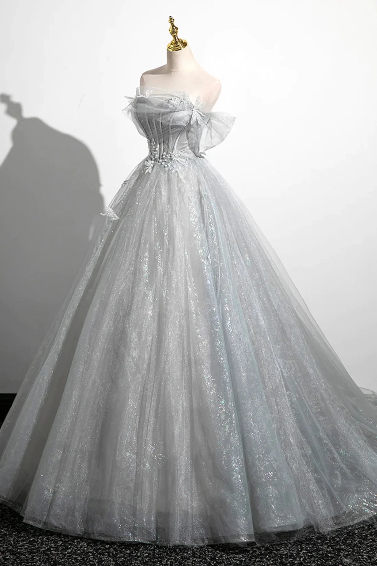 Gray Off Shoulder Pearl Beads Tulle Long Prom Dresses Evening Dresses DP1281