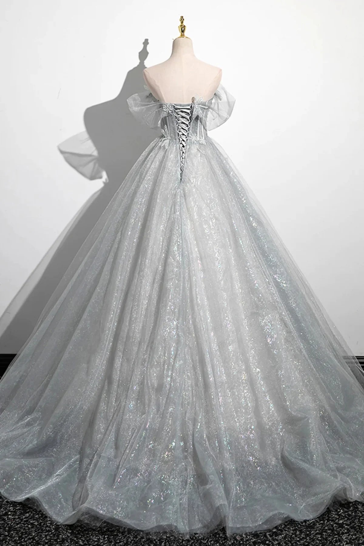Gray Off Shoulder Pearl Beads Tulle Long Prom Dresses Evening Dresses DP1281